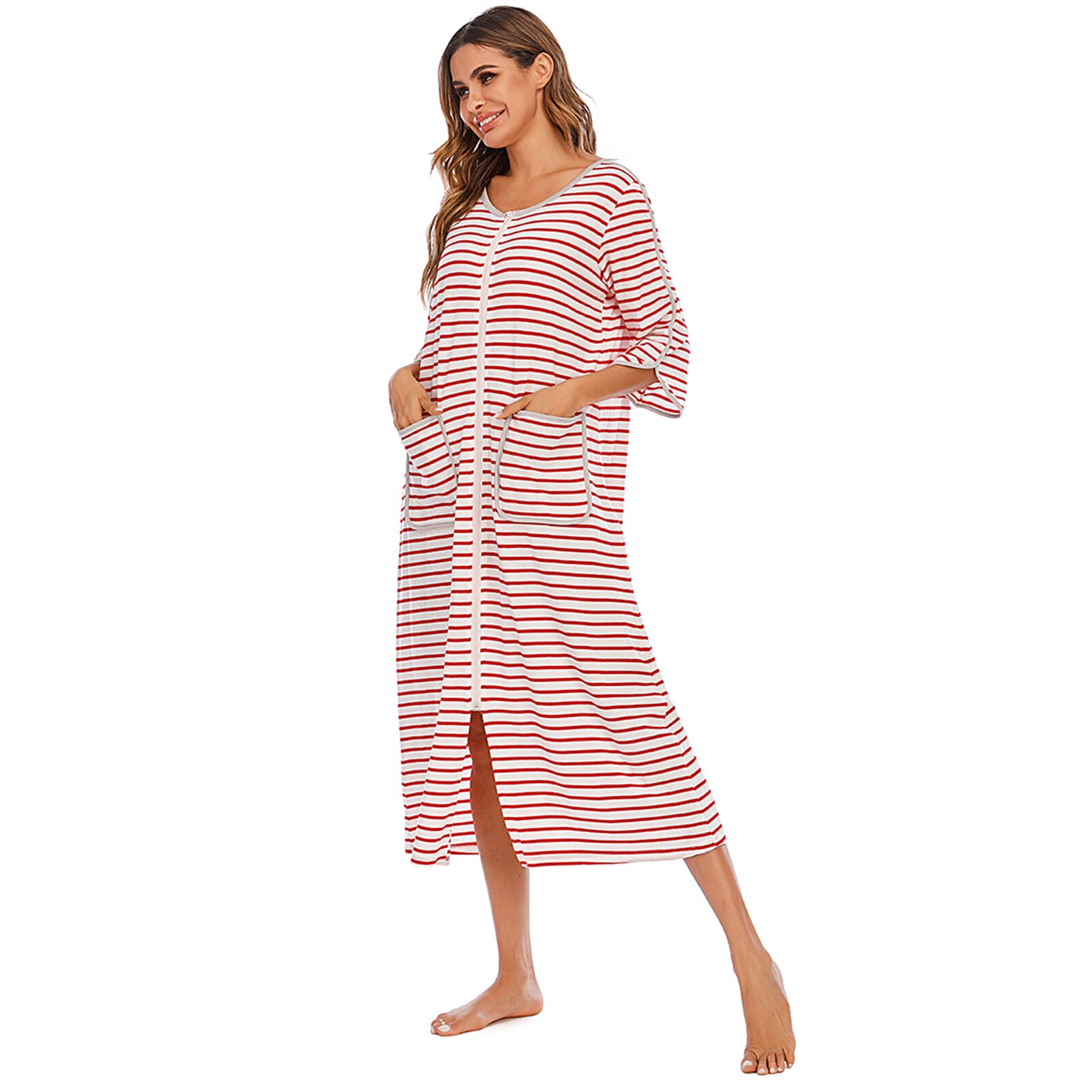 Chemise de nuit à rayures pour femmes poches zippées manches trois-quarts chemises de nuit mi-mollet robes de tenue décontractée longues: Rouge / L