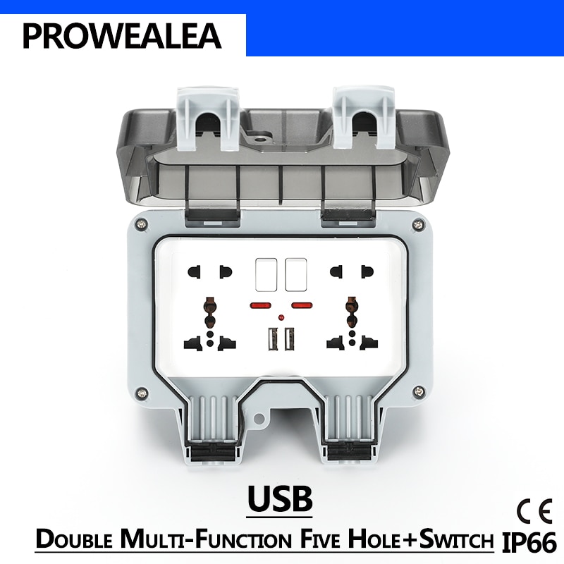 Weatherproof Socket IP66 USB Double 5Hole Standard Switch Waterproof Socket Outdoor Wall Power Socket Electrical Outlet Grounded