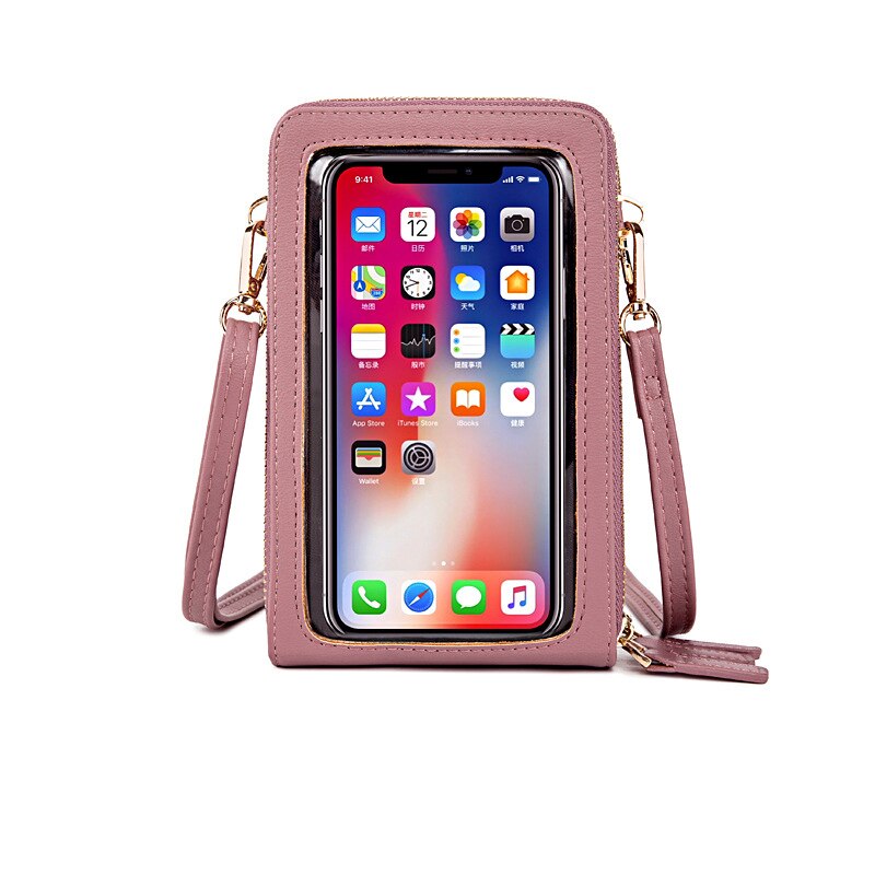 Transparent Touchable Cell Phone Pocket Women's Shoulder Bag Pu Leather Ladies Crossbody Bags Female Small Handbag Purse: Dk Pink