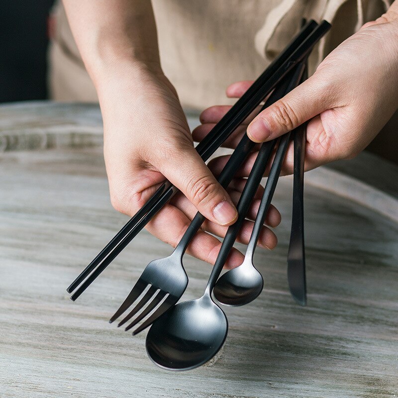 Black Matte Cutlery Set 304 Stainless Steel Dinner Knife Soup Spoon Butter Knife Chopsticks Teaspoon Dessert Fork Flatware