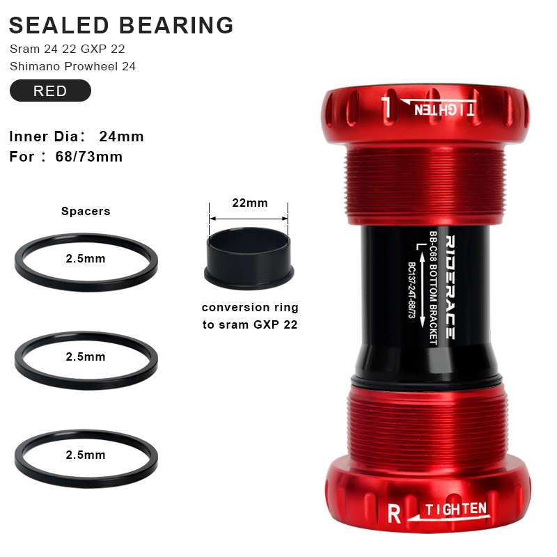 Soporte inferior de bicicleta rodamiento sellado 24 22mm MTB bicicleta de carretera BB68/73 movimiento Central de carro Hollowtech para bielas SRAM GXP: Borgoña