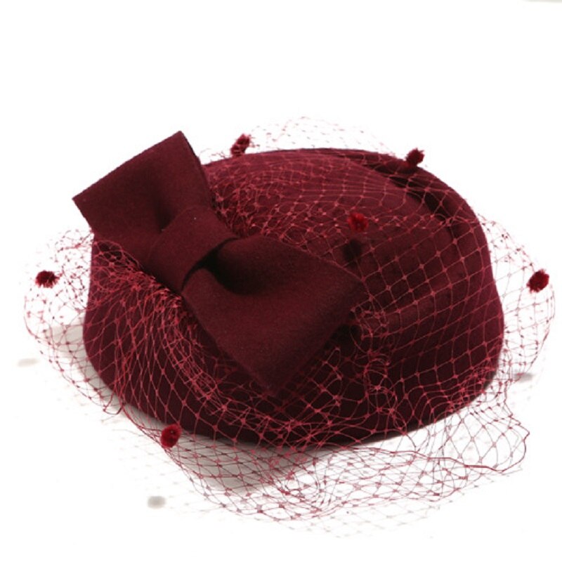 Vrouwen Top Hoed, Baret, Vilten Hoed, Platte Pet, Stewardess Hoed, wedding Bridal Cocktail, Hoofdtooi, Haar Accessoires, 100% Wol: Red wine