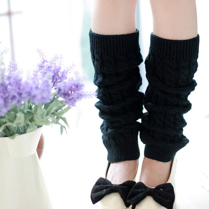 Women Winter Thigh High Leg Warmers Hemp Flowers Pattern Solid Color Knitted Crochet Long Socks Warm Boots Socks: Black