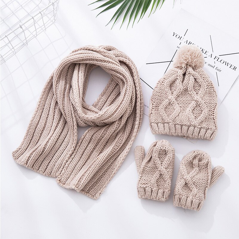Kids Jongens Meisjes Winter Warm Breien Sjaal Hoed Handschoen Kinderen Baby Sjaals Effen Kleur Geel Rood Gebreide Caps: beige(set)