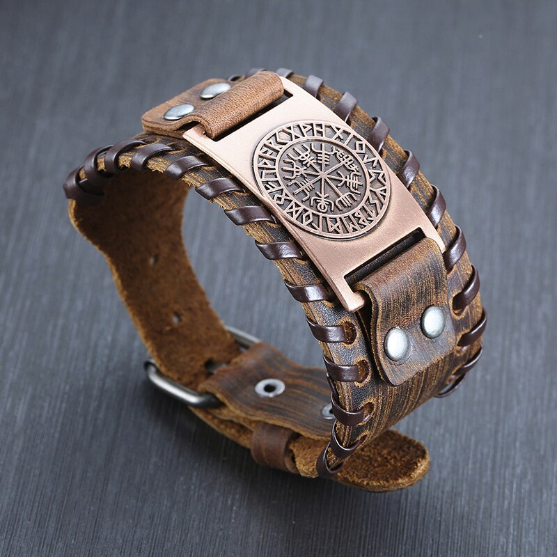 LEATHER VEGVISIR COMPASS BRACELET FOR MEN VIKING JWLELRY