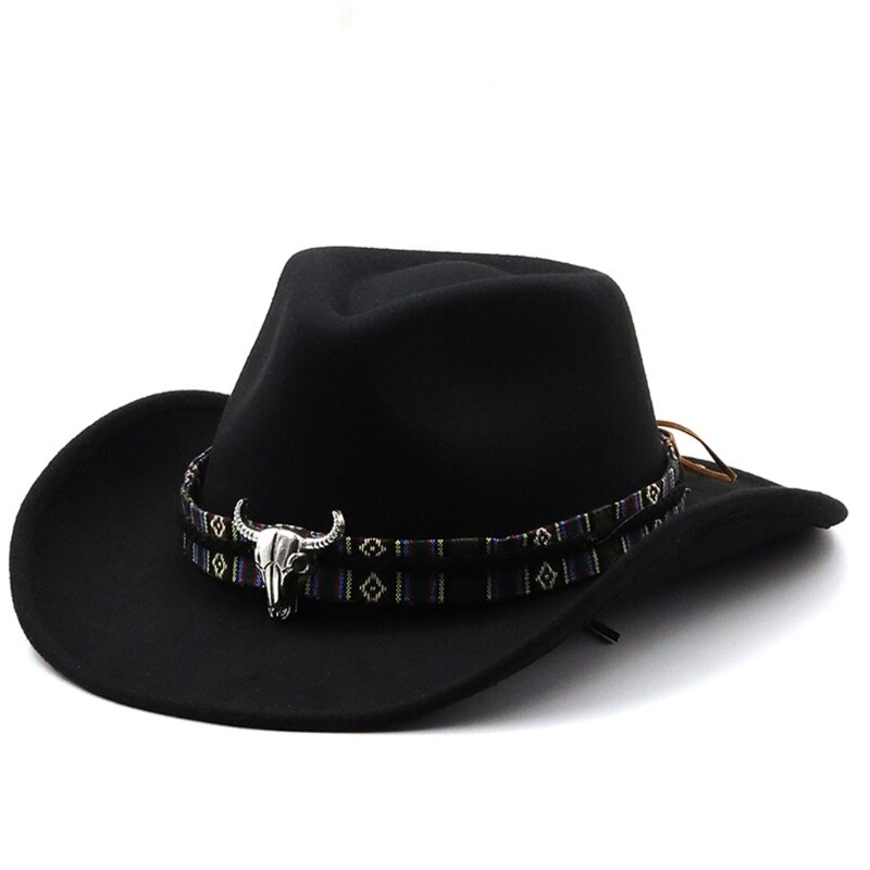 Retro Cow Head Western Cowboy Hat Big Brim Hat Cashmere Jazz Top Hat Cap for Hipster Trend Casual Outdoor Trend Sun Hat: Black