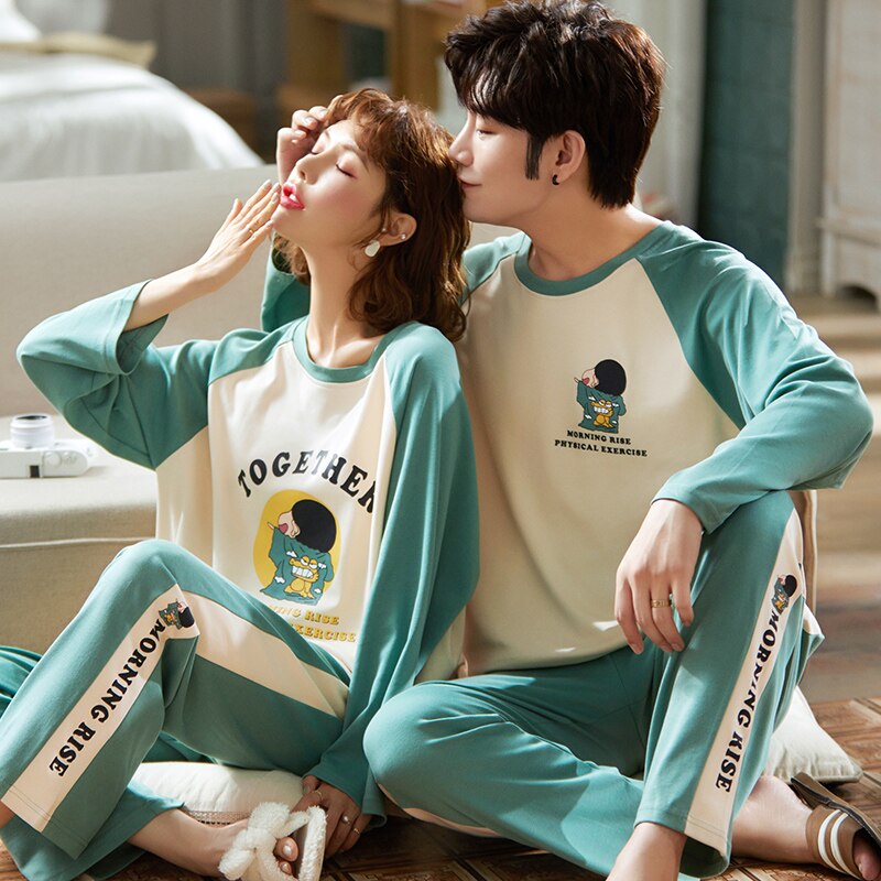 Coton bande dessinée hiver Couple pyjamas ensemble col rond décontracté vêtements de nuit à manches longues haut + pantalons longs vêtements de nuit amoureux Homewea