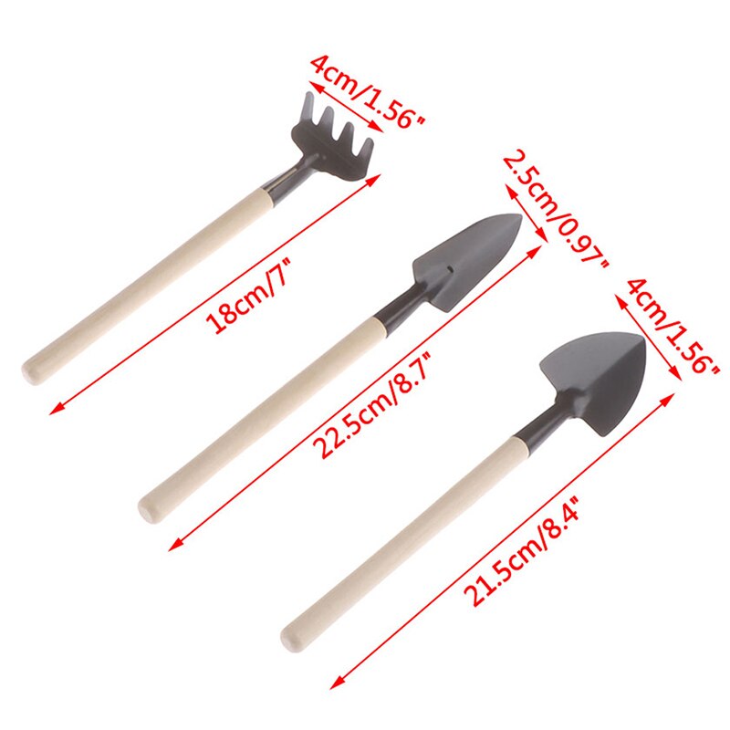 3 kpl settejä mini lapio harava lapio puutarha bonsai työkalusarja puinen kahva metallinen kukkapää ruukkukasvi mini puutarhatyökalu