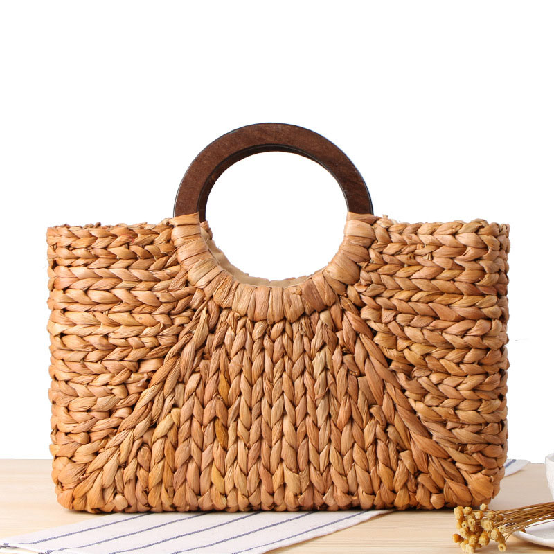Bohème femmes sac à main à la main sac de paille naturel tissage été plage sacs rond manche en bois femme sac fourre-tout panier: Default Title