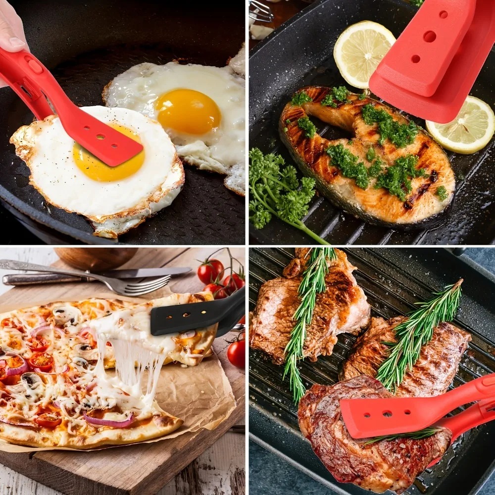 2 in 1 Stainless Steel Cooking Tongs with Silicone Tips Heat Resistant Non Stick for BBQ Steak Fish Pancakes Kitchen Tools