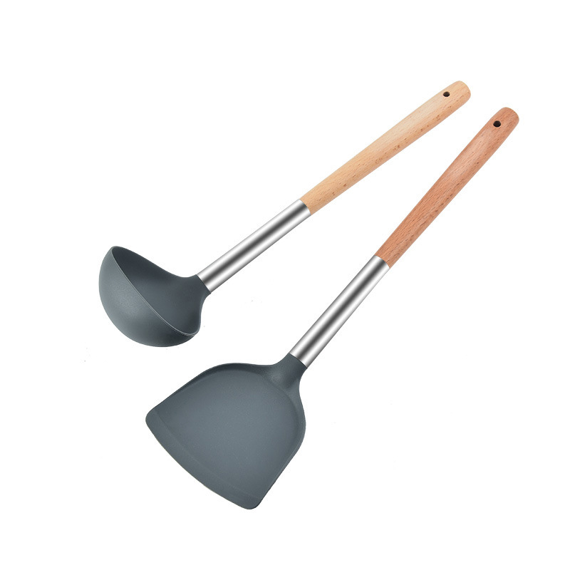 Food grade silicone spatula non-stick special cooking long beech handle spoon kitchen cooking tools Kitchenware non-slip