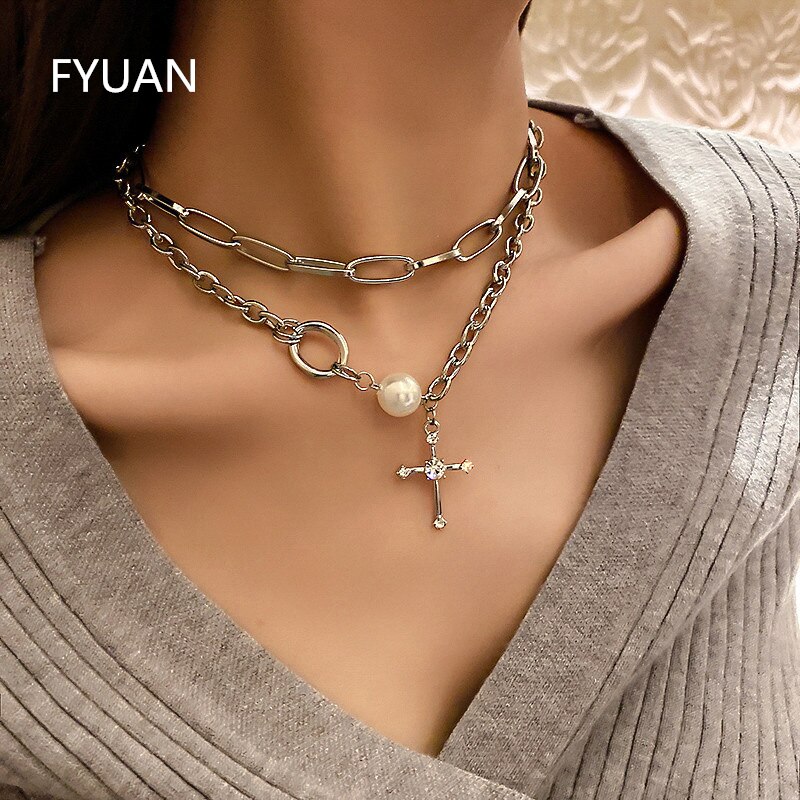 FYUAN Korean Style Double Chain Choker Necklaces for Women Cross Pendant Necklaces Statement Jewelry