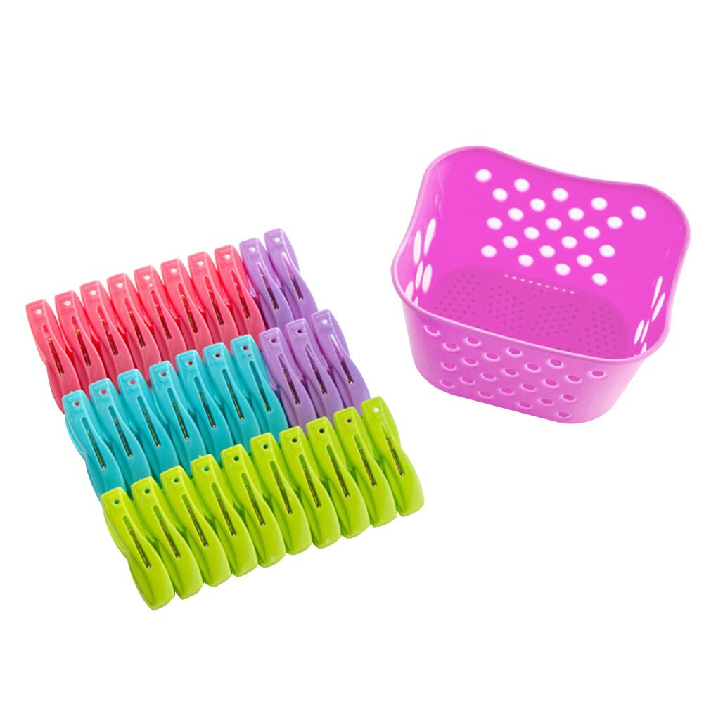 30Pcs Plastic Clothes Pegs with Storage Basket Drying Clothes Clips Socks Shirt Pegs Clothespins Laundry Storage Organizer: Purple