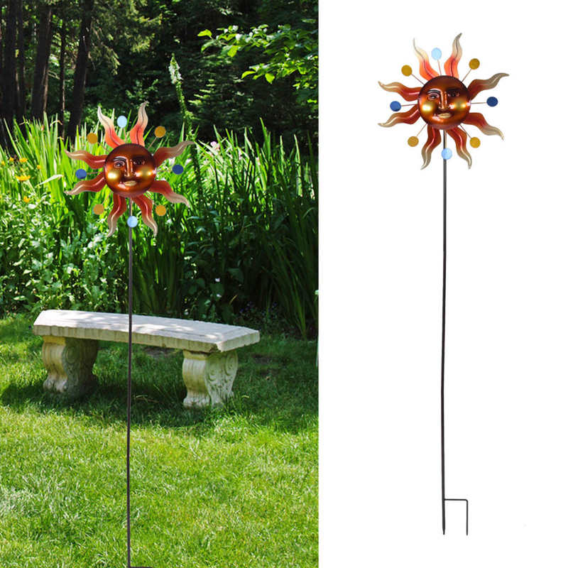 Girador decorativo do vento do girassol do tempo do moinho de vento do sol engraçado do ferro com a estaca à terra para o jardim da jarda do pátio