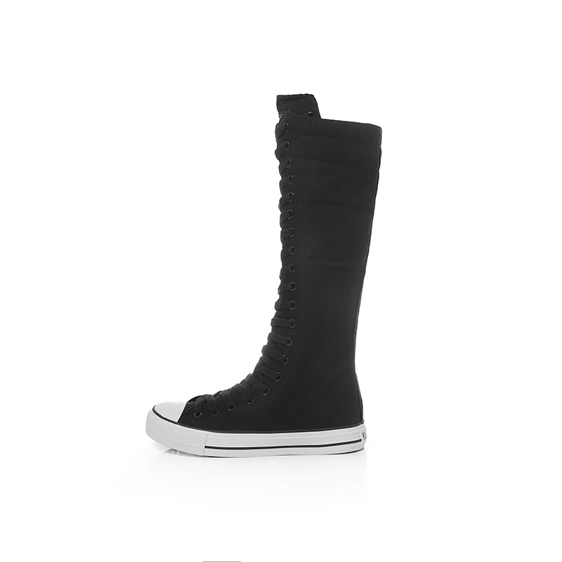 2021 nye forår efterår kvinder sko canvas afslappet høj top sko lange støvler snøre lynlås komfortable flade støvler sneakers: Sort 2 / 42