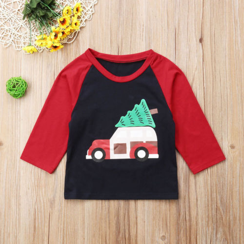 Autumn Kids Boys Christmas Elements Long Sleeve Patchwork T -Shirt Tree & Car Cotton Casual Red Tops Clothes