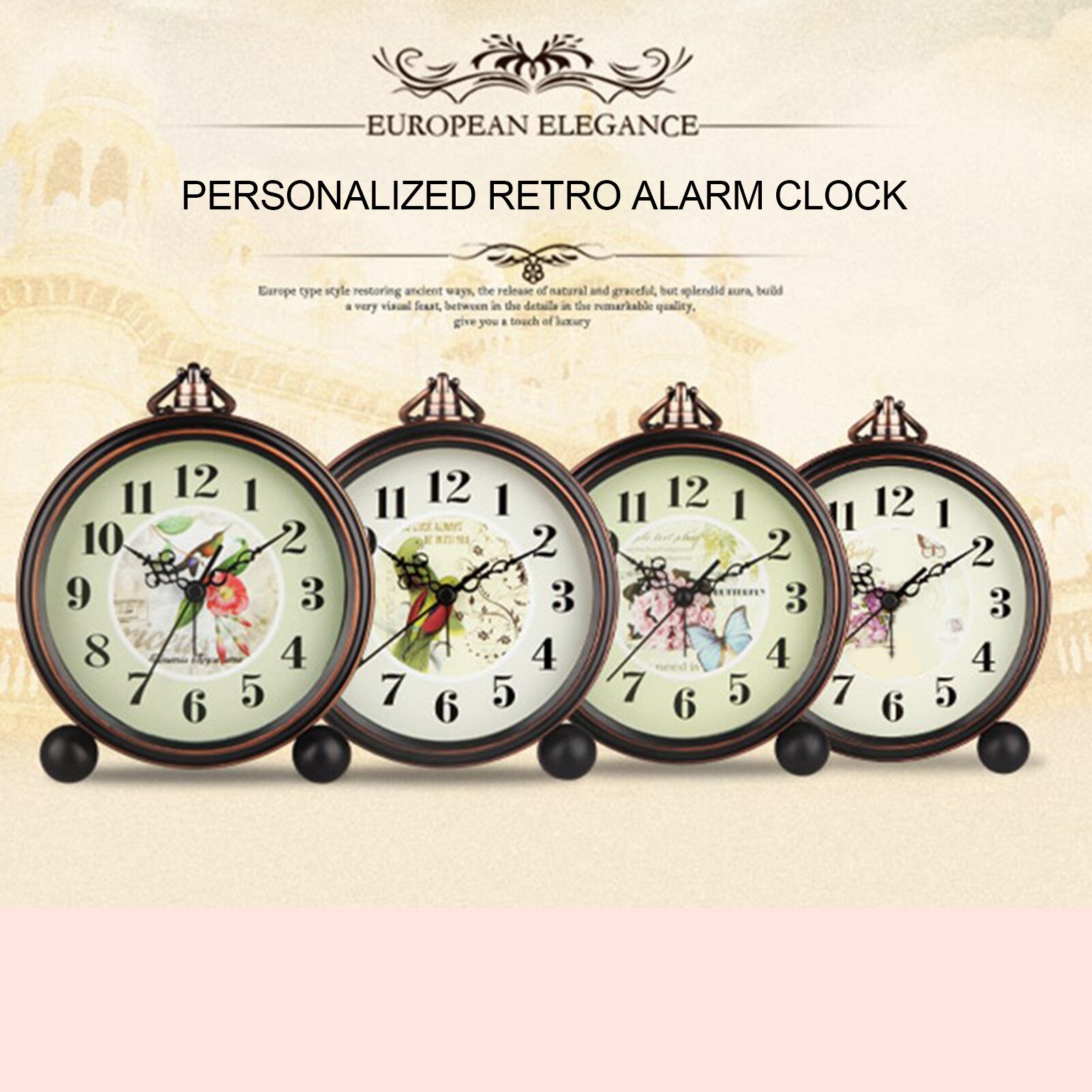 Vintage Desktop Metal Flower Bird Pattern Silent Alarm Clock with Hollow Pointer