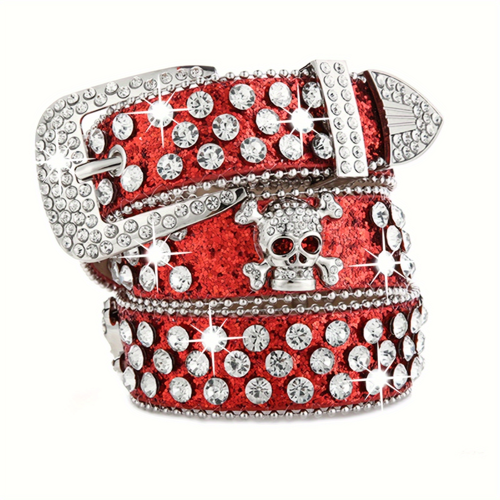 Skull Rivet Rhinestone Bb Belts Trendy Solid Color Sparkling PU Leather Belt Cowboy Cowgirl Jeans Pants Belt For Women Girls: Red