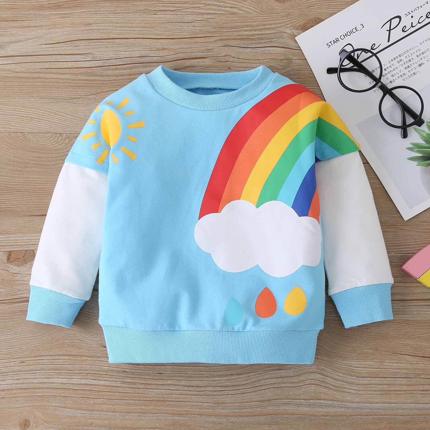 Katoen Baby Meisje Kleding Regenboog Wolken Zon Print Patchwork Lange Mouw Trui Tops Fall Winter Kids Baby Boy Kleding 1-6Y: XH20076-BU / 110-4Y