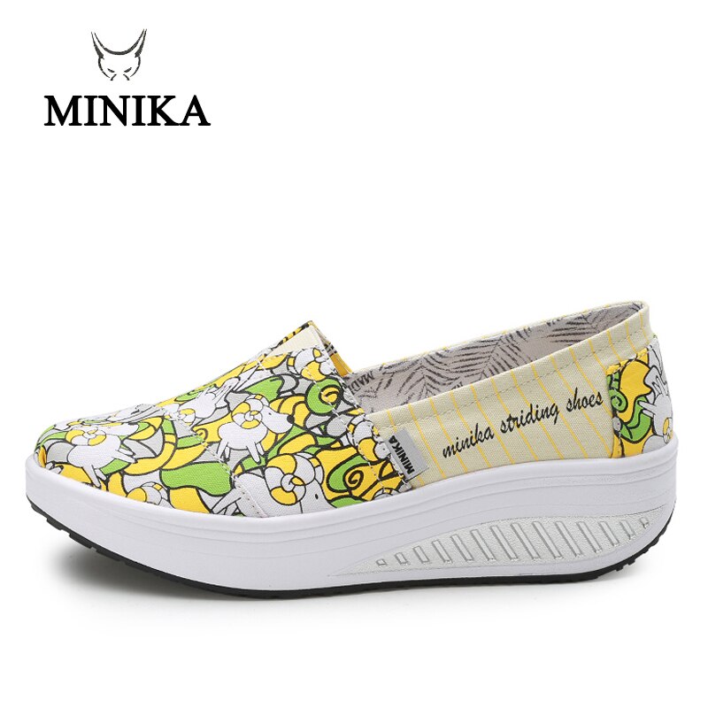 MINIKA Canvas Print Women Swing Shoes Height Increasing Shoes Health Slip-On Shoes Comfort Women Toning Shoes