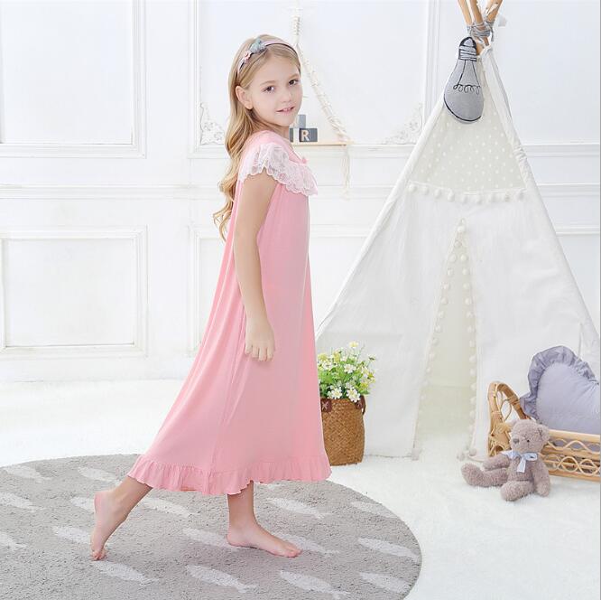 Camisón de encaje de algodón para niña, vestido de Pijama largo Maxi, ropa de dormir de Color puro, de 3 a 12 años, novedad de verano