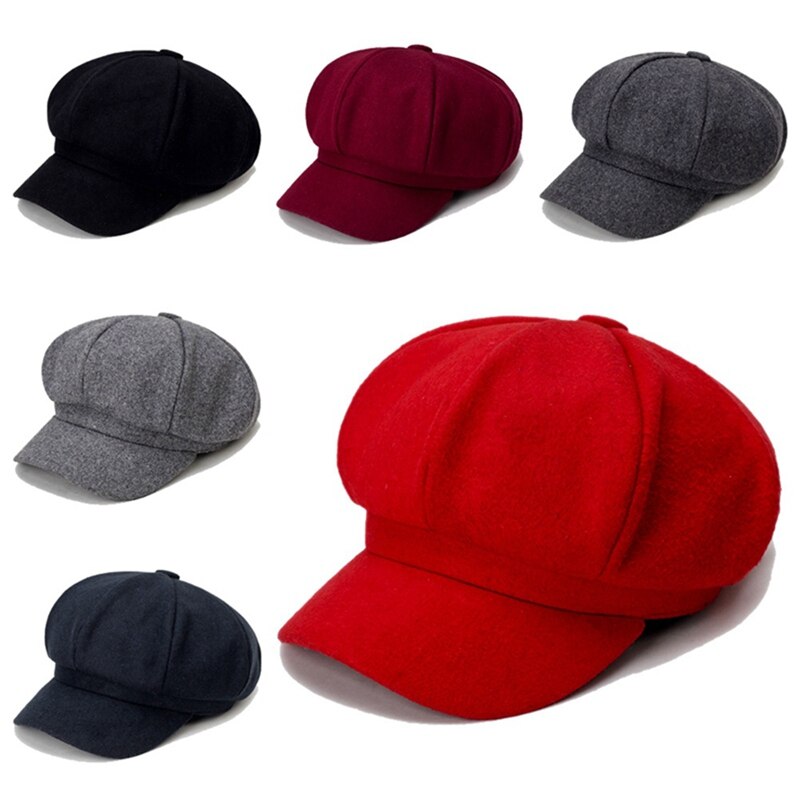 Gorro octogonal de lana para mujer Otoño Invierno , Boina de ala ancha, gorro informal cálido, Color sólido, elegantes sombreros de mujer