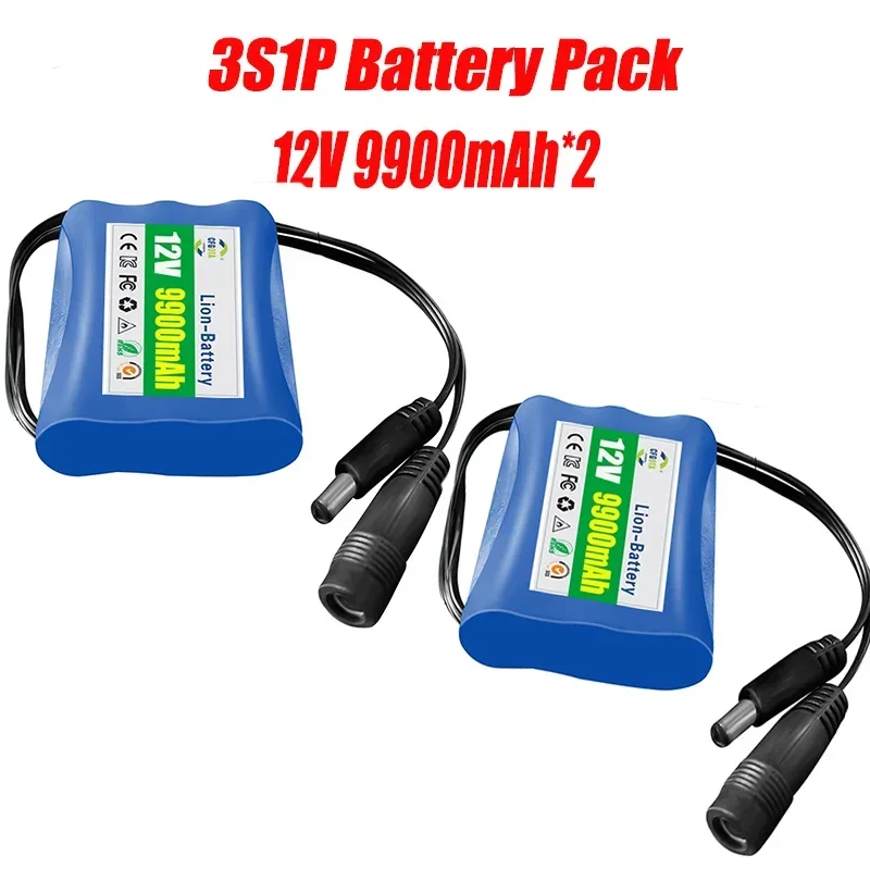 100% 3S1P Protection Plate12V 9.9Ah Battery Pack 12V 9900mAh 18650 Lithium ion DC 12.6V Super Rechargeable Battery + Charger: GRAY