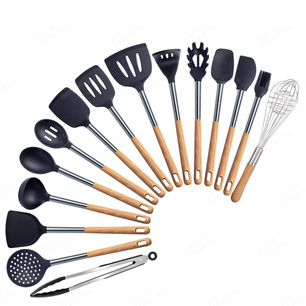 Kit d'ustensiles de cuisine en Silicone, ensemble d'outils de cuisine, accessoires allongés manche en bois massif, spatule cuillère Kit avec ustensiles de rangement: B15-A