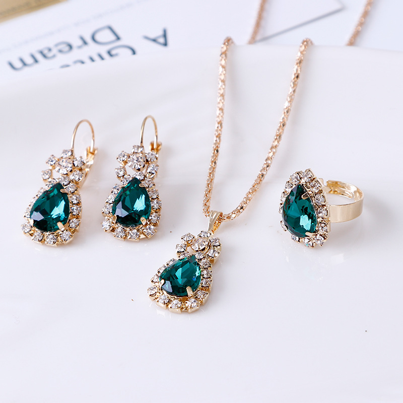 Trendy Party Goud Kleur Water Shape Crystal Oorbellen Ketting Verstelbare Ringen Bruids Sieraden Sets Voor Vrouwen: Green