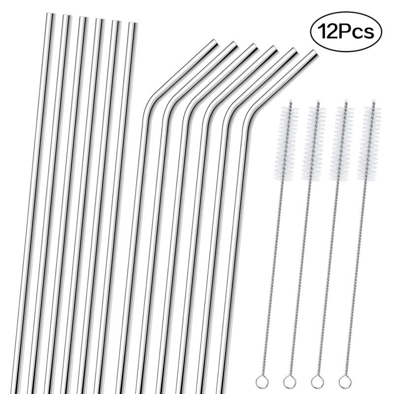 12 Pcs Herbruikbare Rietje Rvs Stro Set Metalen Kleurrijke Stro Met Cleaner Borstel Bar Party Accessoire: Default Title