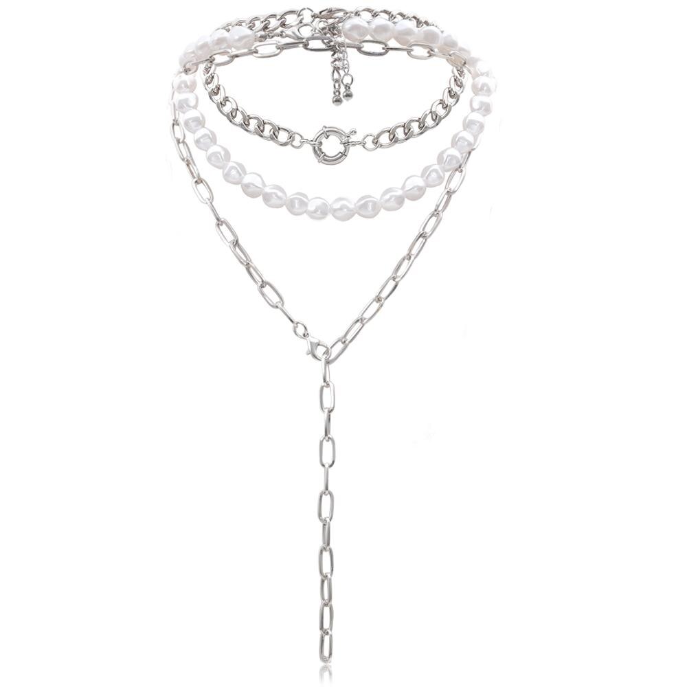 Gothic Barocke Perle Quaste Kreis Anhänger Halsband Halskette Frauen Jahrgang Multi Schicht Silber Farbe Lange Kette Halskette Schmuck