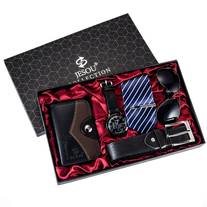 JESOU, conjunto de Relojes Retro para hombre, reloj de pulsera, gafas de sol con cinturón, billetera plegable, corbata, caja de , conjuntos para el Día del Padre y el padre de los hombres: Black Set