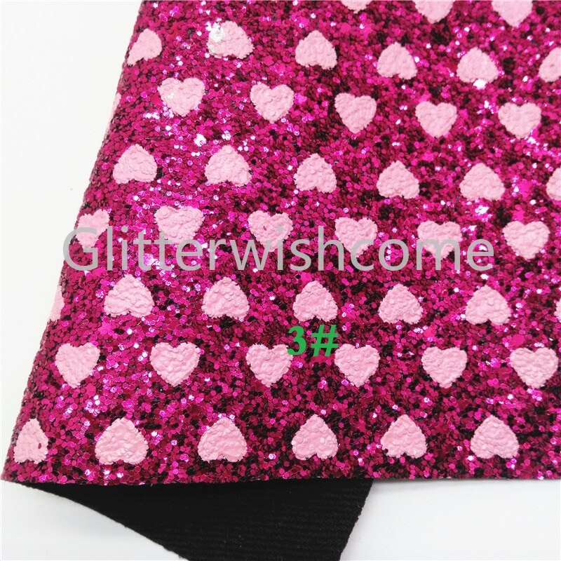 O glitterwishcome 21x29cm a4 tamanho corações imprimiu o couro grosso do brilho, vinil da tela do couro do falso para arcos, gm599b