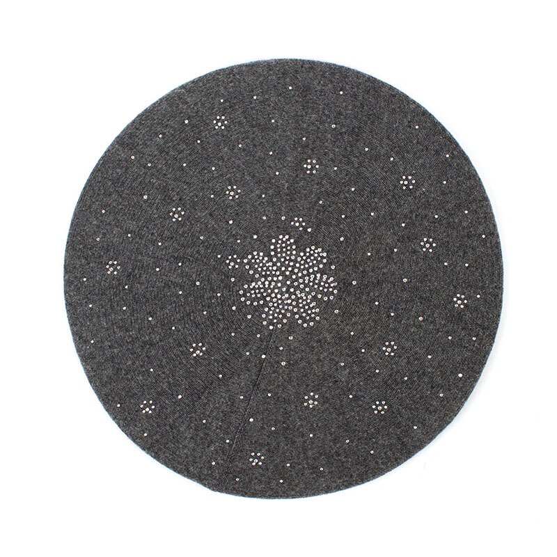 Geebro Women's Berets Hat Solid Color Wool Knitted Berets With Rhinestones Ladies French Artist Beanie Beret Hat GS108: Dark Grey
