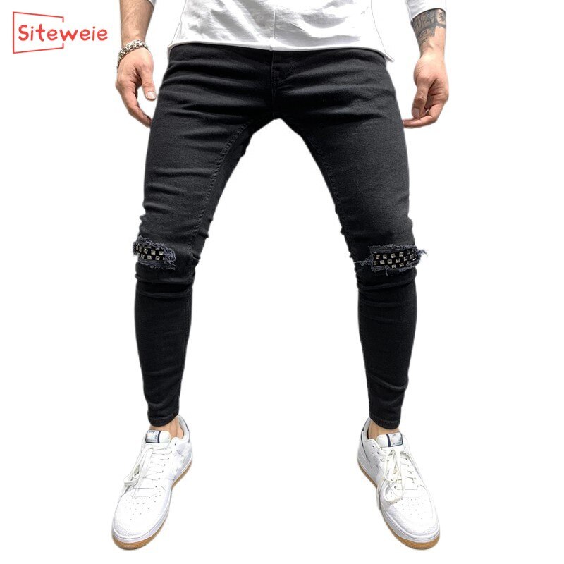 Siteweie Mens Cool Brand Zwarte Jeans Skinny Ripped Patchwork Stretch Slim Fit Hip Hop Broek Met Gaten Voor mannen G525
