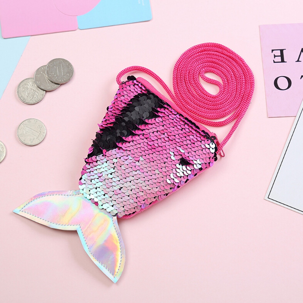 Small Coin Purses Sequins Children Handbags Zipper Panelled Fish Shape Wallets Cute Pouch Key Packet Handbag Women Girls: Hot Pink