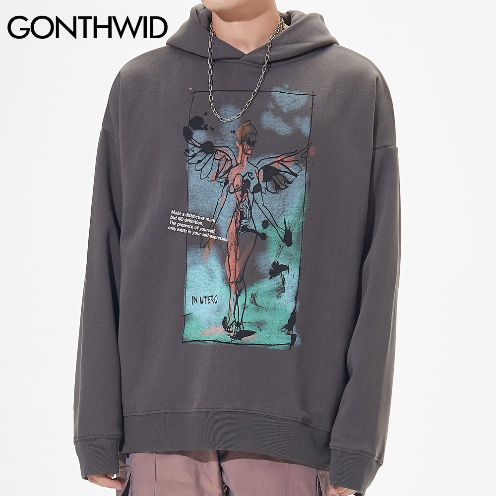 GONTHWID Graffiti Wings Angel Print Fleece Hoodies Sweatshirts Streetwear Hip Hop Casual Loose Hooded Tops Mens Outwear