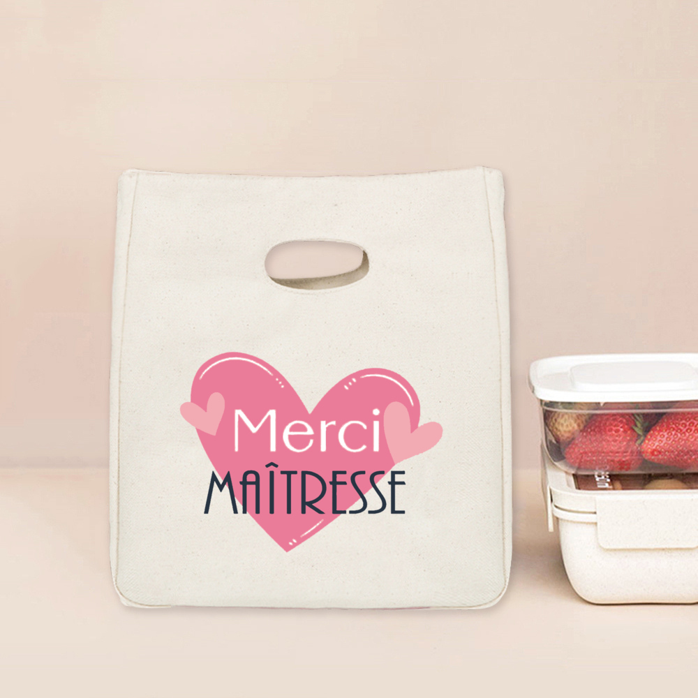 Merci Maitresse Print Lunch Bag Przenośna izolowana płócienna torba termiczna Bento Tote Thermal School Torby do przechowywania żywności Prezent dla nauczyciela: SZARY