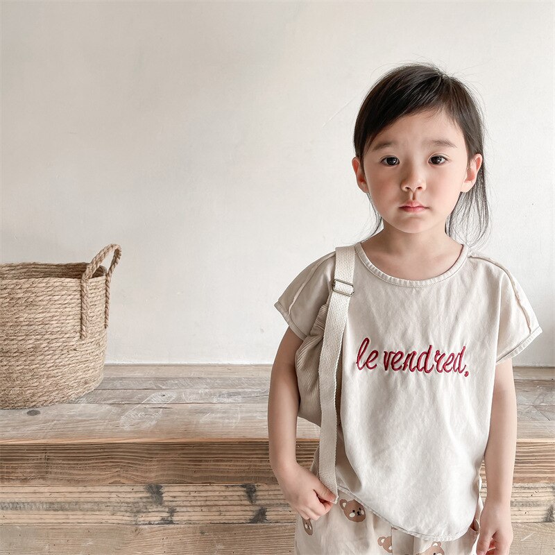 Børne & #39 ;s ærmeløs t-shirt drenge brevbroderi korte ærmer simple bomuld piger toppe løst tøj til børn