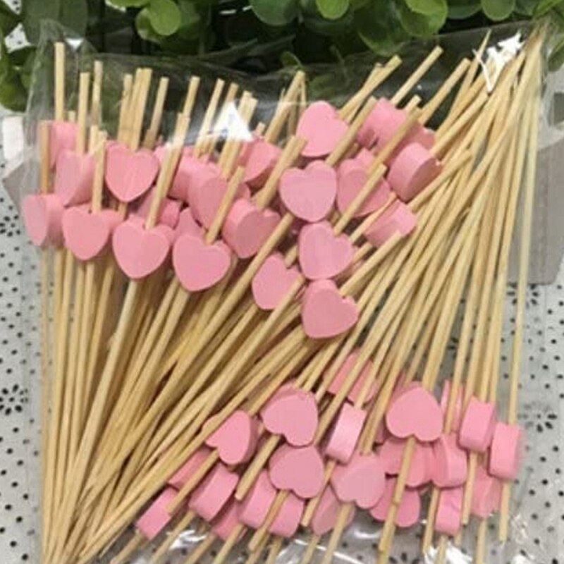 Cocktail Bar, Wooden Toothpicks, Party Supplies, Frilly Finger Food, Fruit Sandwich Snacks-Pink Heart 100 Sticks