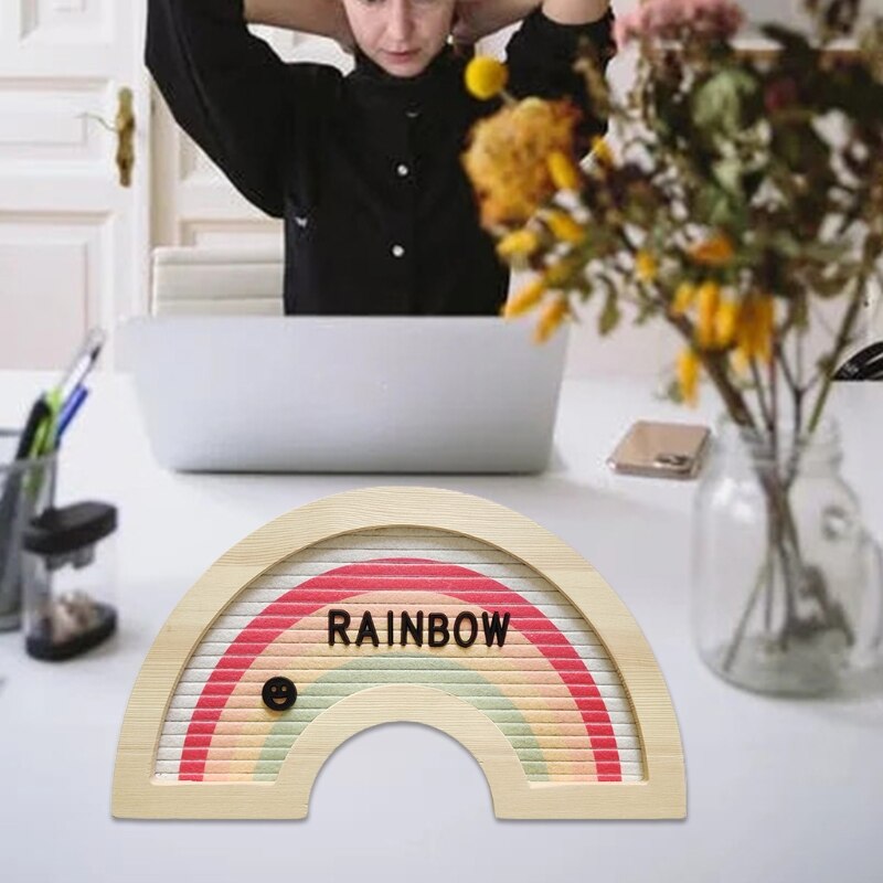 Rustic Wood Frame Rainbow Felt Letter Board with Changeable Letters Sign Message Board 87HA