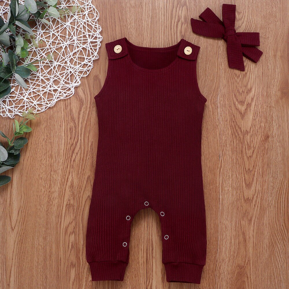 0-24m spedbarn baby jente gutt romper solide ermeløs nydelig jumpsuit+hodebånd 2 stk antrekk klær sommer