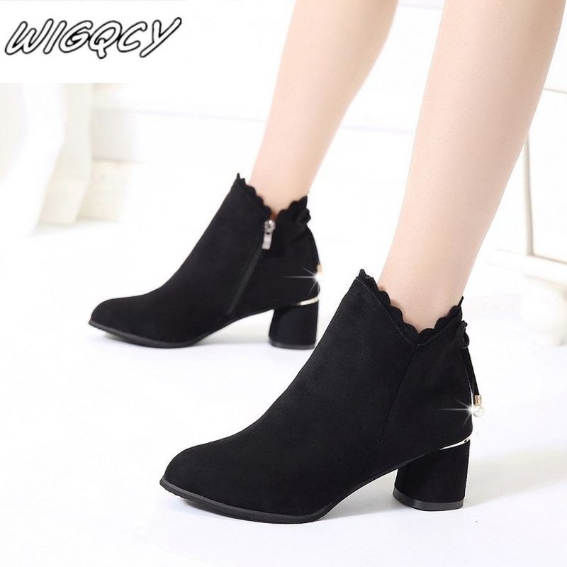 Bottes Martin à talons hauts en dentelle épaisse et pointue pour femme, style d'hiver