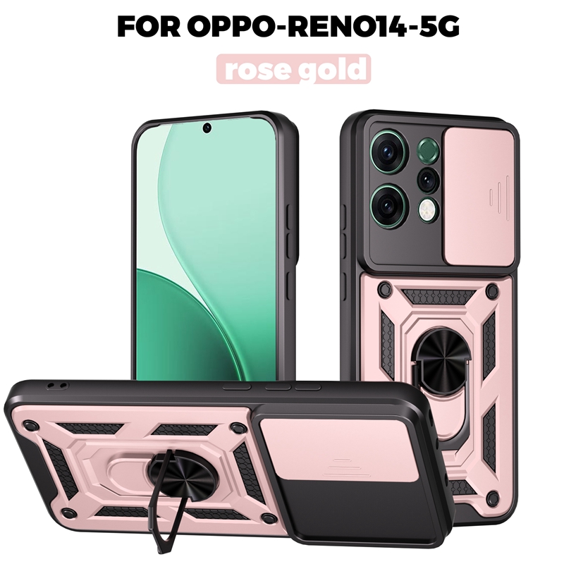 Funda protectora de anillo magnético Armor para OPPO Reno 14 Pro 14F 5G, Funda protectora de lente deslizante para Reno14 Reno14F: Cuero / Castaño
