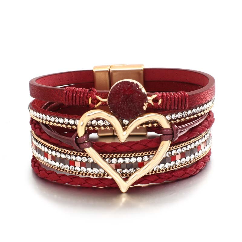 Amorcome-pulsera de cuero trenzado para mujer, brazalete con varias capas de piedras de resina, corazón hueco,: Wine Red