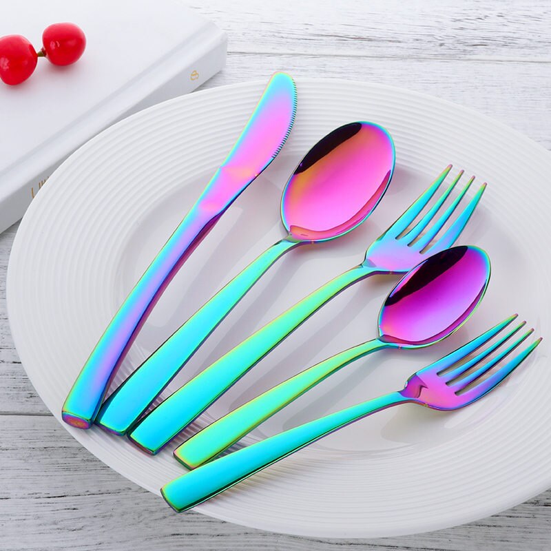 5 Pcs/Set Dinnerware Set Stainless Steel Reusable Utensils Travel Cutlery Spoon Fork Knife Home Tableware: Rainbow NO.0