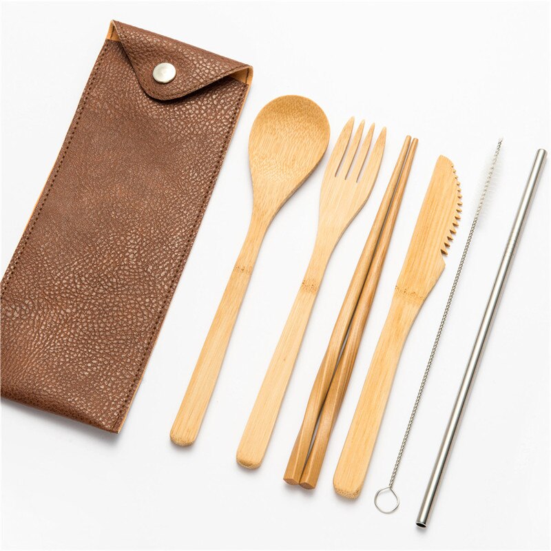 Resebestick set utomhus bambu servis set bestick trä bestick redskap kök inkluderar kniv gaffel sked set för picknick: 7 st mstraw 07