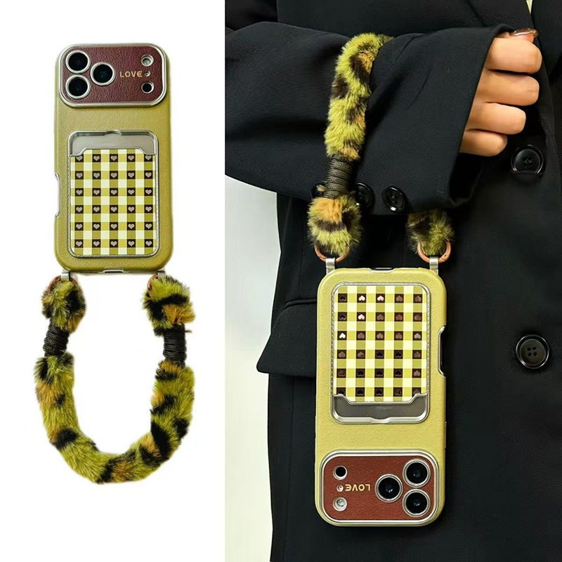Chic Plaid Heart Silver Mirror Case for iPhone 17 Pro Max 16 15 14 Pro 13 Card Holder Cartoon Phone Case With Fur Lanyard