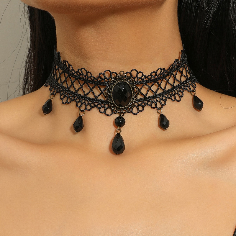 Gothic Victorian Black Lace Necklace Women Girl Boho Crystal Tassel Sexy Choker Steampunk Dark Loli Style Halloween Jewelry: Light Yellow Color