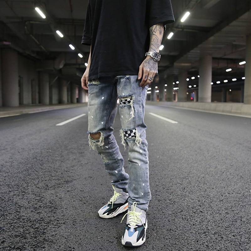 Pantalones vaqueros a la para hombre con agujeros en la rodilla de retazos a cuadros rasgados nuevos pantalones con cremallera Hip Hop